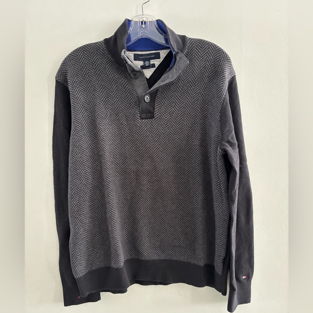 Tommy Hilfiger Charcoal Herringbone Sweater 1/4 Button Up Pullover Large Silk
